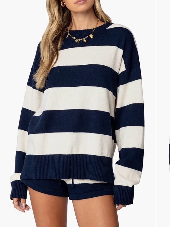 Edikted Sweaters - Edikted Navy and White Wide-Stripe Crewneck Sweater and shorts